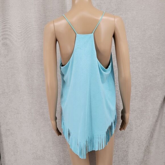 She + Sky Blue Sueded Fabric Fringe Tank Top Boho Western NEW Women's Large - Picture 4 of 7